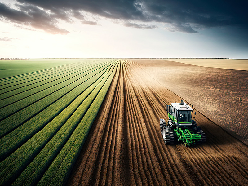 A tractor plowing the land