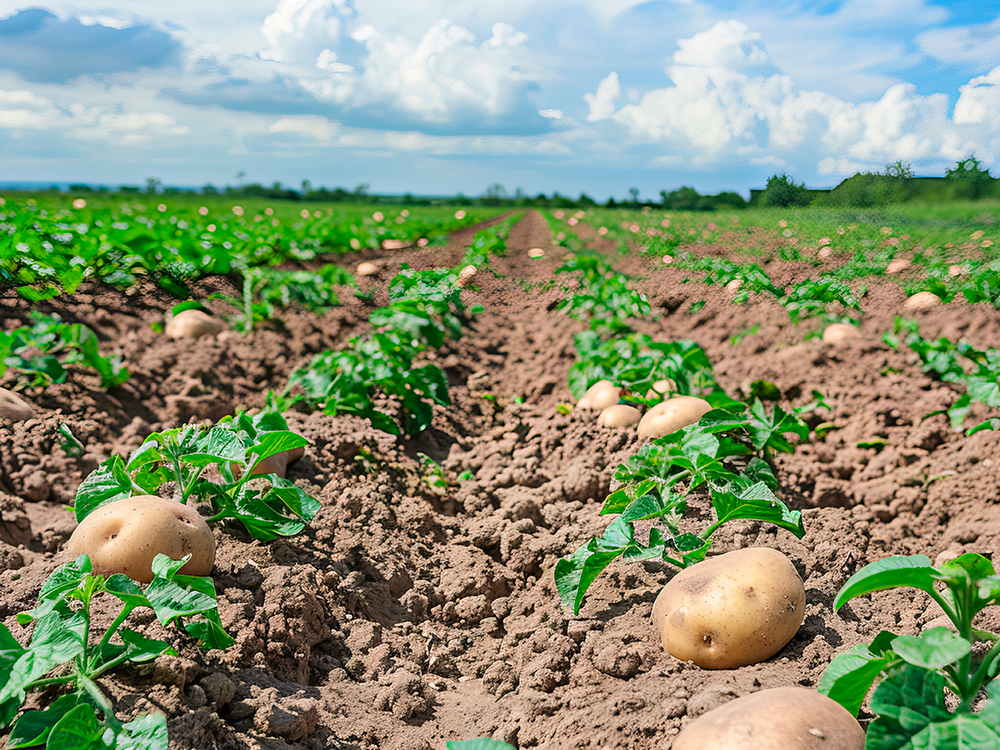 Freshly harvested potatoes in soil beside a green potato plant in a field