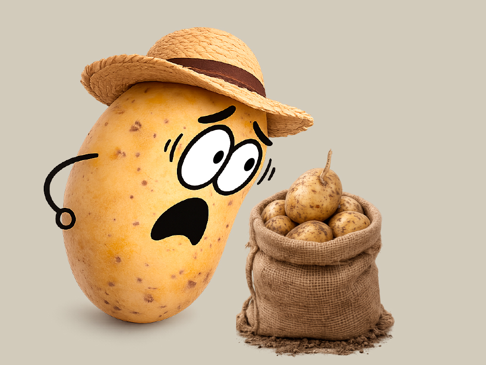 Illustration of a worried potato wearing a straw hat next to a sack full of harvested potatoes