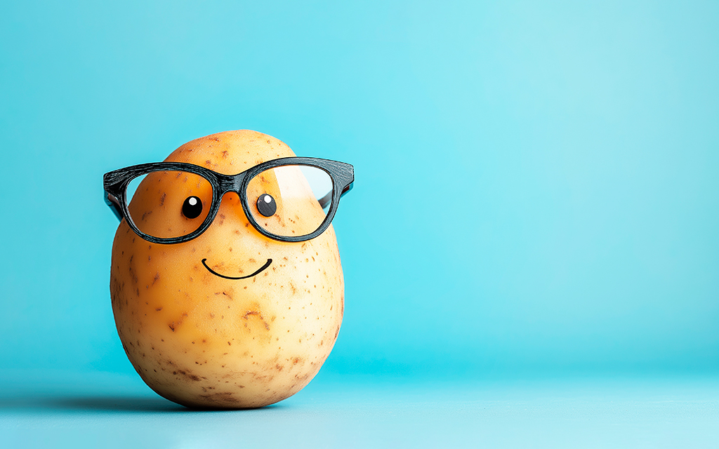 Potato wearing black glasses with a smiling face on a light blue background.