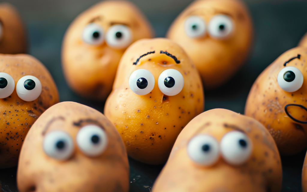 Potatoes with expressive faces symbolizing agricultural innovation and research in the PataFEST project