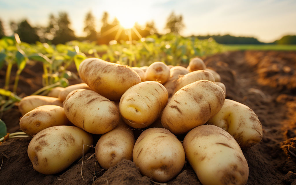 Pile of freshly harvested potatoes on soil in a farm field at sunset.